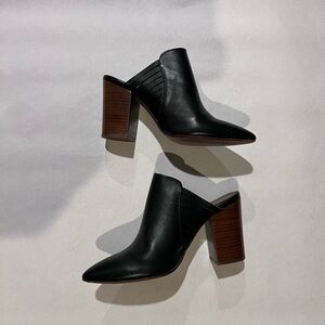 Black Leather Pointed-Toe Mule Heels